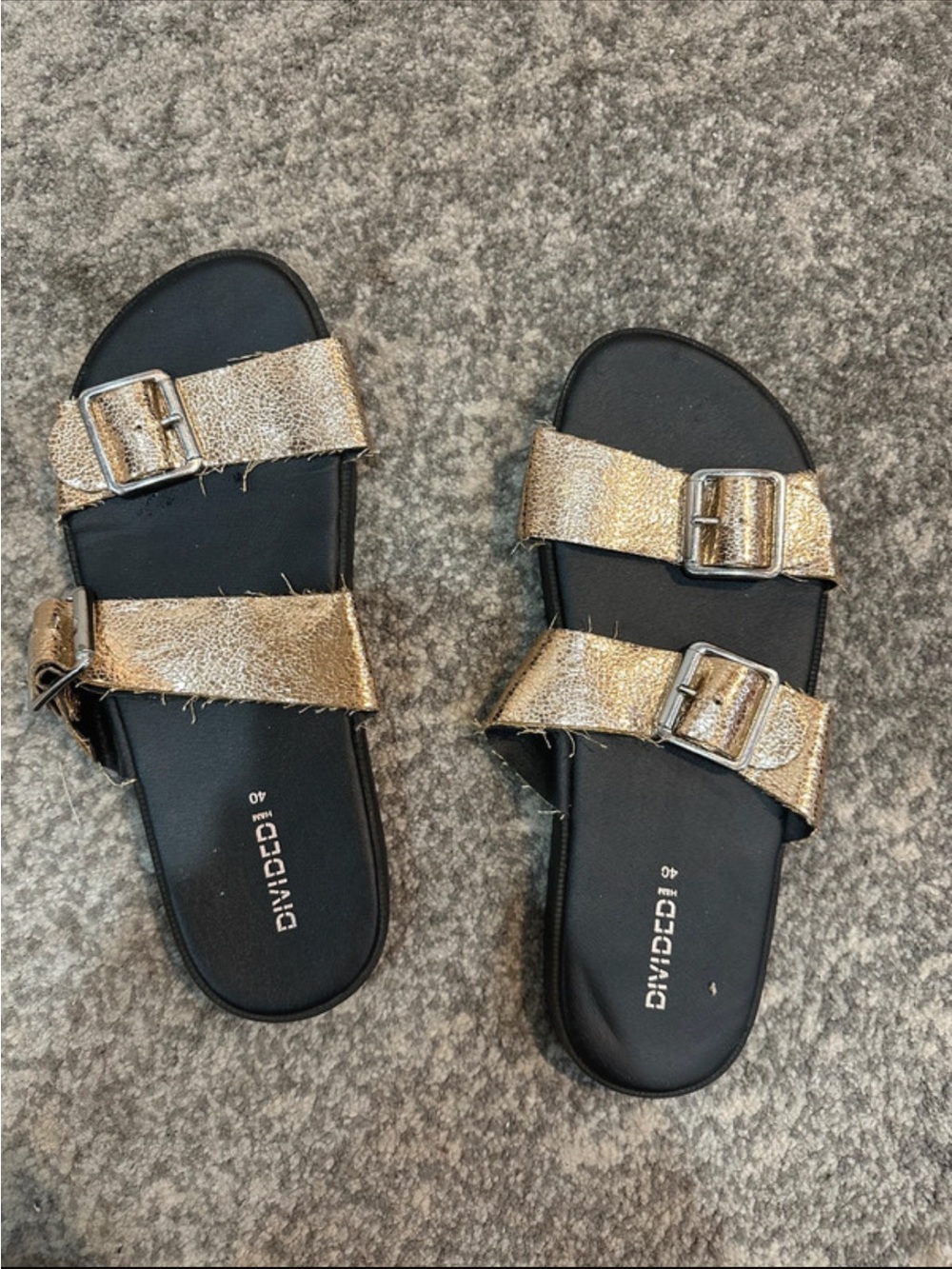 Divided Metallic Gold Double Buckle Slide Sandals
